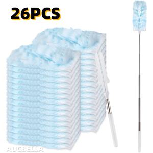 26개 블루 먼지 털개 세트, 먼지 털개 리필 패드 25개 및 텔레스코픽 연장봉 1개 포함, 극세사 깃털 먼지떨이 세트, 180° 단면 먼지 닦기, 천장 선풍기, 블라인드, 가구, 통풍구, 전자 기기 청소용