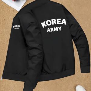 남성 트렌디 긴팔 프린트 재킷 탑, 한국군 테마 프린트 재킷, 밀리터리 텍스트 패턴, 밀리터리 스타일 의상 아이템 긴팔 야구 유니폼 코트, 가을/겨울 캐주얼 출퇴근 스타일 남성 탑