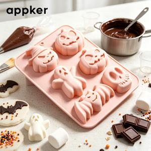 APPKER 6구 할로윈 테마 실리콘 몰드, 호박 박쥐 해골 마녀 모자, 재사용 가능한 식품 등급 안전 몰드, 얼음 조각, 초콜릿, 사탕, 젤리, 할로윈 파티 베이킹 장식용
