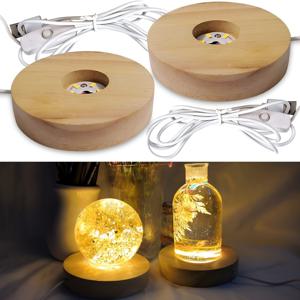 4개 나무 LED 조명 디스플레이 받침대, 원형 나무 LED 조명 홀더, USB 케이블 스위치 조명 데스크탑 받침대, 아트 유리 홀더 3D 레진 레이저 타워 모델 받침대 (웜 라이트 색온도 3500K)
