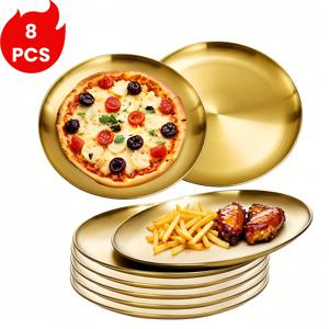 8개 대형 10인치 스테인리스 스틸 디너 플레이트, 골드 샐러드 플레이트 세트, 디저트 디너 플레이트, 다용도 스낵 트레이, 호텔 파티 레스토랑 케이터링 서비스용 골드 도금 서빙 접시