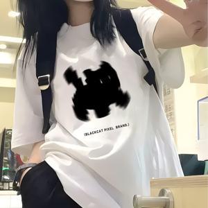 여성용 Y2K 감성 고양이 프린트 티셔츠 - 한국 스타일 여름 반팔 라운드넥 루즈핏 - 아기 고양이 얼굴과 발바닥 디자인 라인 탑 - 데일리룩을 위한 캐주얼 스트리트웨어 블라우스 (손세탁 가능)