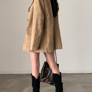 레트로 기품 있는 수트 칼라 싱글 브레스트 더블 포켓 마얄라드 컬러