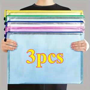 3개 세트 - A3 PVC 파일 가방, A3 사이즈 (43Cm X 30Cm) 투명 메시 파일 가방, 미술 보관 가방, 지퍼 포함, 초대용량 데이터 및 드로잉 보관 가방, 메시 디자인, 랜덤 색상 파일 가방