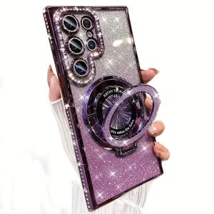 휴대폰 케이스 - Galaxy S26 Ultra S26 S26 PLUS S25 S24 S23 S22 S23 PLUS S24 Ultra S25 Ultra 시리즈 호환, 엣지 라인스톤 장식, 그라데이션 글리터 페이퍼, 마그네틱 스탠드 휴대폰 커버, 내장 렌즈 보호 필름