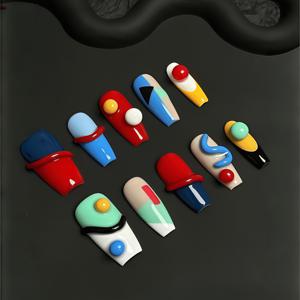 30개입 롱 스타일 발레 스타일 착용 가능 인조 손톱 - 도파민 3D 인조 손톱 - 컬러 매칭 및 스플라이싱 3D 라운드 네일 스티커 - 핸드메이드 글루 네일 아트 - 탈착식 인조 손톱 - 프레스온 네일
