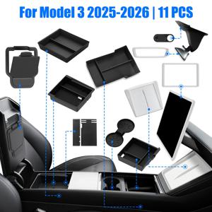 Tesla Model 3 Highland 2024 2025 2026 추가 장착, 컵 홀더 라이너 및 화이트 스크린 보호 패드가 있는 10-in-1 센터 콘솔 정리 트레이 삽입 - 미끄럼 방지 대시 매트, 수납 상자 정리함