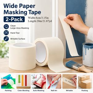와시 마스킹 테이프 2롤, 8cm 폭 X 20m 길이, 손으로 뜯을 수 있는, 글씨를 쓸 수 있는, 벽 페인팅 및 장식용 마스킹용 약한 접착력