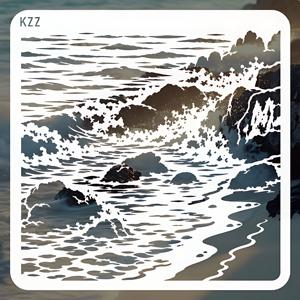 KZZ 바위 해안 바다 물결 페인팅 스텐실, 캔버스, 패브릭, 벽, 베개, 액자 및 DIY 홈 데코용 재사용 가능한 해변 풍경 템플릿