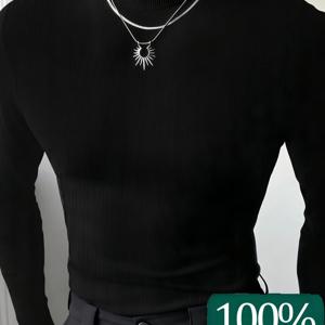 남성용 캐주얼 단색 100% 레이온 골지 하이넥 슬림핏 긴팔 티셔츠, 사계절용