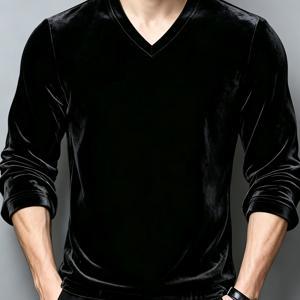 남성용 봄, 가을, 겨울 순수 캐주얼 부드러운 골든 벨벳 솔리드 컬러 V넥 긴팔 티셔츠 보온 베이스 레이어 상의