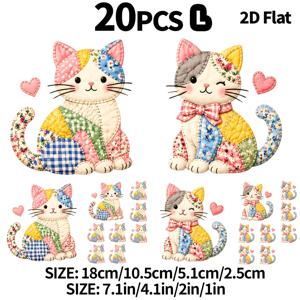 2D 평면 수제 시뮬레이션 패치워크 퀼팅 고양이 세트 20개, 꽃무늬 격자무늬 폴카 도트 패치워크, 마카롱 색상 힐링 DTF 열전사 다리미 부착식, 힐링 시리즈, 멀티 사이즈 DIY 장식 스티커, 세탁 가능한 DIY 아플리케, 의류, 티셔츠, 청바지, 백팩에 적합, 스타일 세탁 가능한 열전사 디자인 아플리케