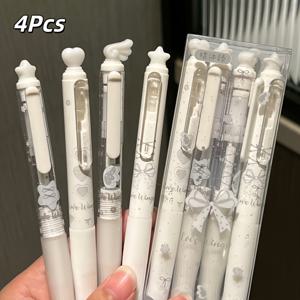 4개 랜덤 쿨 화이트 그레이 천사 리본 펜, 멀티 스타일 3D 모양 펜 팁, 하트, 리본, 날개 라이트 실버 그레이 프린트 펜 바디, 클릭형 디자인, 0.5mm 속건성 블랙 잉크 부드럽고 번짐 방지, 깔끔하고 프리미엄한 외관