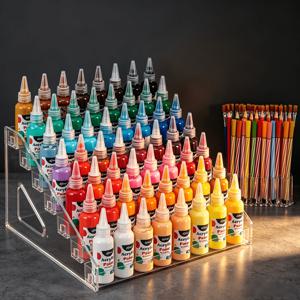 7단 투명 아크릴 수납 랙 (페인트 브러시 홀더 포함), 아크릴 페인트, 네일 폴리쉬, 2Oz 튜브, 알코올 잉크, 식물성 염료 & 에센셜 오일용 미니 병 정리대