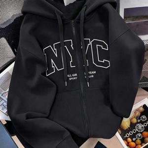 캐주얼 레트로 스타일 NYC 레터 미국 캠퍼스 빈티지 루즈 플리스 풀 지퍼 후드 포켓 스웨트셔츠, 여성 가을/겨울용