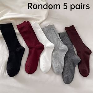 랜덤 색상 5켤레, Ankela 파일 양말, 봄 가을 레트로 미드 筒袜, 다크 레드 세로 줄무늬, 단색 긴 양말, 패셔너블하고 활용도 높은 양말