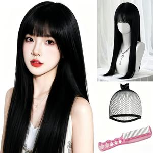 우아한 24인치 긴 블랙 앞머리 가발, 여성용 드레스업 가발, 빗과 가발 콤보 세트, 캐주얼 복장, 휴일 파티 및 할로윈 행사를 위한 합성 섬유 가발