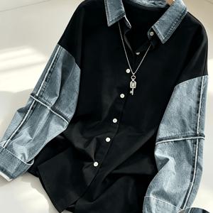 [프린트 팬츠 - 데님 원단 아님] 여성 패치워크 프린트 디자인 셔츠, 데님 스타일, 레트로 캐주얼 루즈핏 긴소매 버튼업 데님 프린트 라펠 셔츠, 야외 레저 산책 쇼핑에 적합한 우아한 레트로 캐주얼 스타일