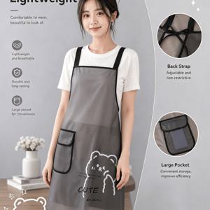 여성용 경량 시어 앞트임 앞치마, 귀여운 만화 곰돌이 프린트 앞면 포켓, 간편한 단색 트리밍 디자인 캐주얼 홈 앞치마, 듀얼 컬러로 제공, 주방 베이킹, 커피숍, 꽃집에 적합한 패셔너블하고 가벼운 앞치마
