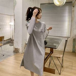 [텐제로] 여성 간절기 데일리 옆트임 루즈핏 긴팔 롱원피스 편안한 스판원단 Bon-2612