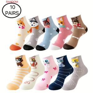 랜덤 스타일 패턴 보드 귀여운 만화 강아지 고양이 하트 모양 리본 물방울 무늬 프린트 편안하고 쉬운 패션 다재다능한 여성용 미드 튜브 양말 10켤레