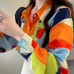 페인팅 멀티컬러 프린트 블라우스 여성용 긴팔 인품 라펠 폴로 셔츠 탑 여성용 탑 싱글 로우 버튼