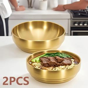 2개 세트 한국식 더블 레이어 골든 냉면 그릇, 방열 기능, 보온 효과, 샐러드 볼, 수프 그릇, 디저트 용기, 면류·간식·바베큐·가족 식사·캠핑·행사용