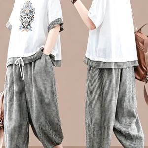 봄 여름 가을 신상 여성용 얇은 문학적 레트로 수트 스트랩 격자무늬 반팔 투피스 세트