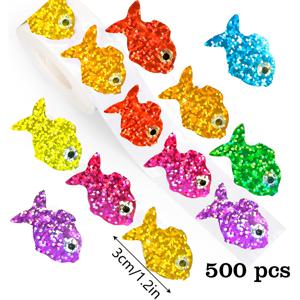 500개 레이저 멀티컬러 물고기 스티커 롤 3Cm/1.2In 불규칙한 모양의 만화 동물 봉인 라벨 (봉투, 잡지, 휴대폰 케이스, 물병, 컴퓨터 헬멧, 장식, 파티 선물 포장용)