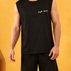 남성용 단색 레터 프린트 크루넥 민소매 탱크탑과 반바지 라운지웨어 세트, 2pcs