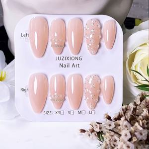 10개입 핸드메이드 아몬드 프레스 네일 XS/S/M/L, 시어 누드 인조 손톱, 더블 메탈 체인, 라인스톤 및 진주 클러스터 장식, 엘레강스 재사용 가능 네일 (결혼식, 데이트, 데일리 오피스)