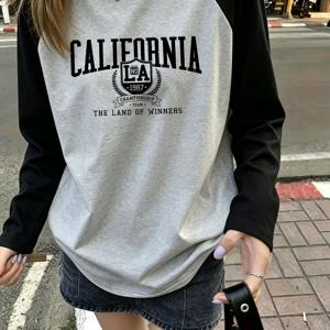 여성용 봄/여름 캐주얼 루즈핏 컬러블록 활용도 높은 긴팔 상의, 여성용 컬러블록 래글런 소매 긴팔 티셔츠, 캘리포니아 로스앤젤레스 1987 챔피언 프린트 래글런 소매 긴팔 티셔츠, 캐주얼 크루넥 루즈핏 베이직 스트리트 스타일 상의