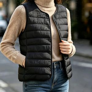 여성용 가을 슬림핏 경량 보온 단색 재킷, 우아하고 스타일리시하며 다재다능한 아름다운 아우터웨어, 칼라 없는 버튼업 민소매 조끼 - 안감 있는 웨이스트코트, 여성용 몸에 꼭 맞는 보온 조끼, 캐주얼 패딩 - 고품질 폴리에스터 섬유 짧은 아우터 - 손세탁 가능한 짧은 - 외출 및 가정복용, 가을/겨울 의류