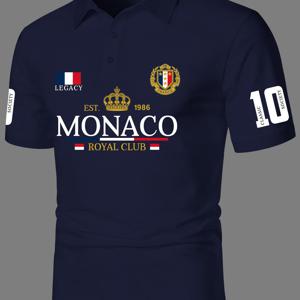 트렌디한 스트리트 스타일과 MONACO 레터링, 왕관 배지 프린트가 특징인 남성용 반팔 폴로 셔츠