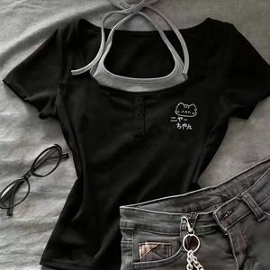 여성용 귀여운 고양이 프린트 스퀘어넥 반팔 티셔츠, 2피스 스타일링 할터 슬림핏 2K 감성 캐주얼 탑