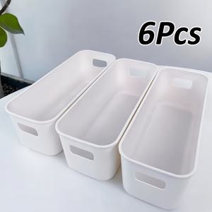 6개 세트 쌓을 수 있는 플라스틱 오픈 수납함 - 가정용 탁상 정리함, 잡화 및 미용용품 정리함, 긴 직사각형 모양, 서랍 칸막이 정리함, 뚜껑 없는 다기능 침대 옆 수납함, 책상 및 서랍용, 가정용 수납을 위한 책상 및 서랍 정리함