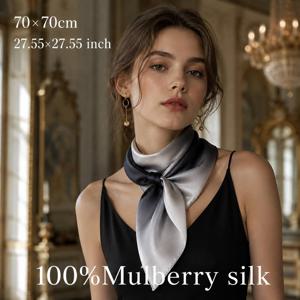 100% 멀베리 실크 스퀘어 스카프 27.55 X 27.55인치, 블랙-그레이 그라데이션 새틴 실크 스카프 여성용, 다용도 넥 스카프 헤어 밴드 헤어 리본 핸드백 액세서리, 엘레강트 비즈니스 오피스 실크 네크어치프