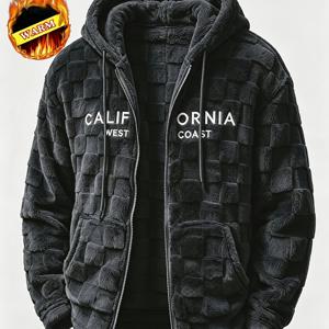 새로운 가을/겨울 남성용 플러시 체커보드 패턴 후드 가디건 재킷, 캐주얼, 아웃도어, 보온 및 스포티한 의류용 남성용 겨울 옷, 남성용 겨울 재킷