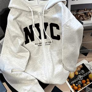 여성용 NYC 레터 그래픽 패션 캐주얼 스포티 후드 집업 포켓 긴팔 스웨트셔츠