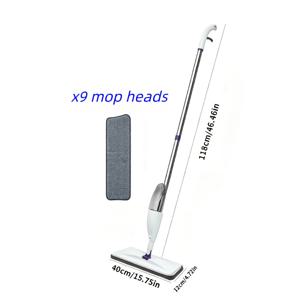 9개 교체형 패드 및 리필 병이 포함된 휴대용 스프레이 밀대, 360도 유연한 디자인, 습식 및 건식 사용, 침실, 주방, 거실, 욕실, 나무 바닥 및 타일에 적합. 휴대가 편리한 손잡이, 모던 홈 데코