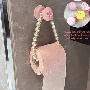 2개 (체인 1개 및 후크 1개) 비즈 토일레트 페이퍼 홀더, 드릴 불필요 자가 접착식 벽걸이형 롤 페이퍼 랙, 화장지 및 수건 보관용, 화장지 보관 용기