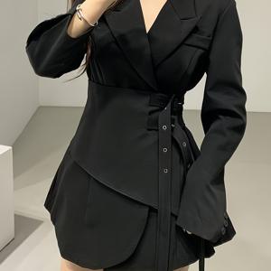 봄/가을 신상 조절 가능 더블 웨이스트밴드 드레스 여성용 불규칙 페이크 투피스 퀄리티 정장 드레스