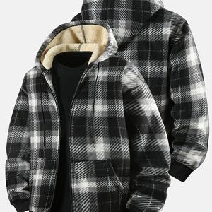 남성용 후드 따뜻한 재킷, 가을/겨울용 방풍 상의, 클래식 체크 디자인, 따뜻한 기모 안감, 편안한 어깨 캐주얼 스타일, 레저 코트 (5가지 사이즈로 제공)