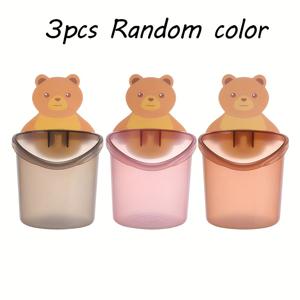 곰돌이 패치 들고 안기는 컵 포함 어린이 곰돌이 칫솔 컵 3개 세트, 곰돌이 허그 컵, 접착식 벽걸이형 컵홀더, 배수구가 있는 칫솔꽂이, 랜덤 3가지 색상: 핑크, 브라운, 라이트 그레이