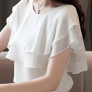 여성용 러플 반소매 블라우스 - 루즈핏 라운드넥 셔츠, 러플 트림 칼라 및 짧은 소매, 통근, 사무실, 세미 정장용으로 적합한 단색, 기계 세탁 가능, 사계절 옷장 필수품 블라우스 상의
