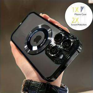 휴대폰 케이스 - 3개 세트 [폰 커버 1개와 투명 액정 보호 필름 2개 포함] iPhone 17 Pro Max, 17 Pro, 17, 16, 15, 14, 13, 12 호환, 마그네틱 투명 케이스, 충격 방지 기능의 네 모서리 블링 디자인