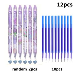 12개 보라색 지워지는 젤 펜 세트, 랜덤 펜 2개 및 리필 10개, 0.5mm 가는 팁, 파란색 잉크, 내장 지우개, 필기 및 쓰기에 적합, 이상적인 사무실 및 학습 용품, 완벽한 생일, 크리스마스, 할로윈, 발렌타인데이 선물