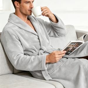 가을/겨울 고급 남성용 플란넬 로브, 따뜻하고 두꺼운, 편안하고 부드러운, 캐주얼 루즈핏 긴팔 홈 로브, 욕실 로브, 포켓 포함, 세탁기 사용 가능
