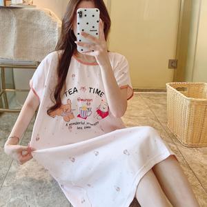 새로운 여름 스타일 씬 반팔 풀오버 레드 미디 기장 여성용 만화 곰 패턴 잠옷 가운, 캐주얼 루즈핏 라운지웨어 나이트드레스