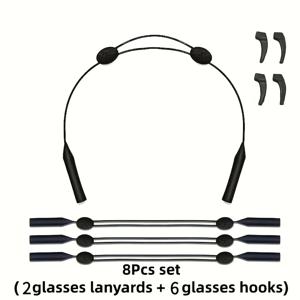 8개 세트: 안경줄 2개 + 안경고리 6개. 클래식하고 실용적인 분실 방지 안경줄, 심플한 블랙 조절식 패션 안경줄, 편안하고 실용적인 독서용 패션 안경 스트랩, 스포츠용 안경줄